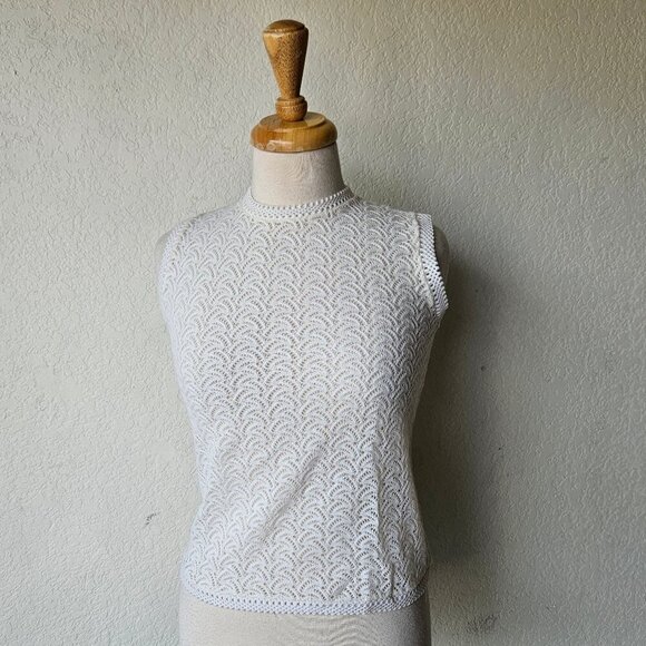 Vintage 70s Acrylic White Vienna Lace Knit Sleeveless Top Shirt Tank M Medium - Picture 1 of 7